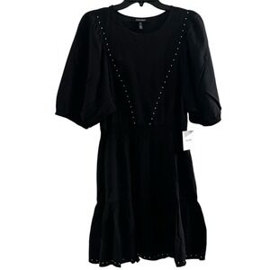 Ellen Tracy Womens Black Studded Crinkle Dress L‎ Retail $109 NWT